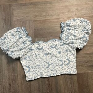 LoveShackFancy Melina Floral Eyelet Puff Sleeve Crop Top Womens 4 Blue White